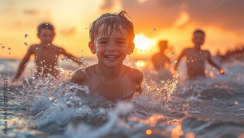 Children playing in the ocean at sunset, joyful expressions, splashing water, warm golden light, blurred background of other children, shallow depth of field, summer vacation Children playing in the ocean at sunset, joyful expressions, splashing water, warm golden light, blurred background of other children, shallow depth of field, summer vacation