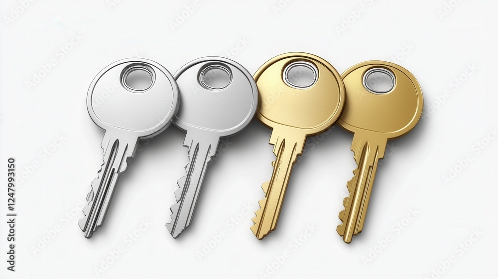 Stylized metallic keys in silver and gold gradients, elegant design, transparent background, ideal for digital projects Stylized metallic keys in silver and gold gradients, elegant design, transparent background, ideal for digital projects