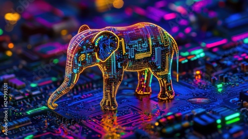 Neon elephant circuit board digital art.