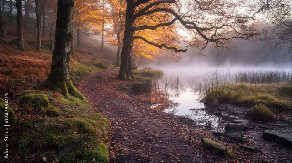 Obraz premium Misty autumn morning path alongside a tranquil lake in a forest with colorful foliage.