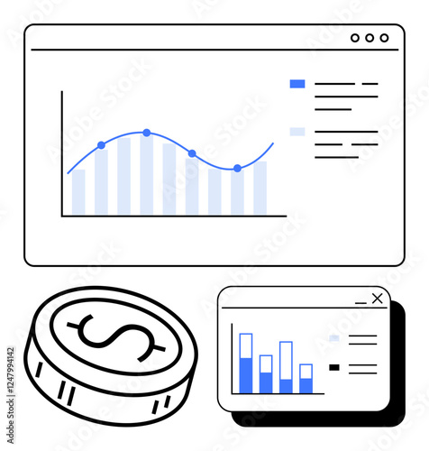 Graph showing financial data trends with icons of a coin and additional bar charts. Ideal for finance presentations, business reports, market analysis, data visualization, investment strategies