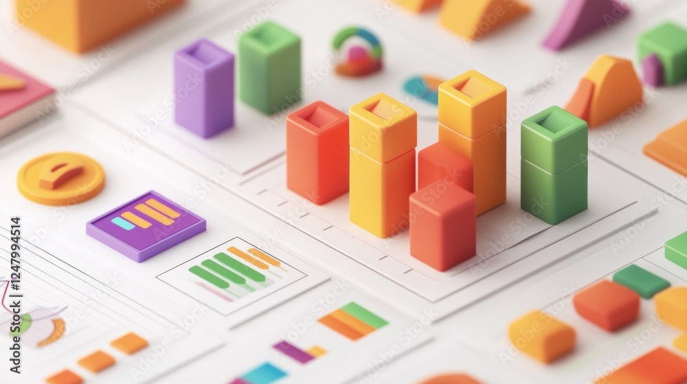 Colorful 3D bar chart and various data visualizations on white background.