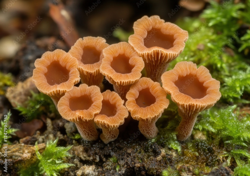 Close-up of a cluster of small, orange cup fungi growing on moss-covered ground. Close-up of a cluster of small, orange cup fungi growing on moss-covered ground.
