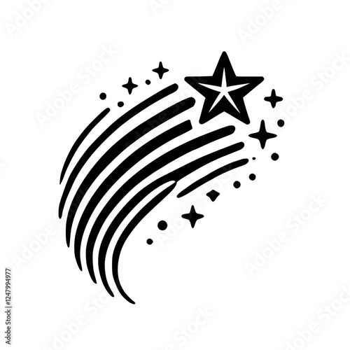 **Starry Night Sky: Shooting Star, Modern Black & White Illustration of a star and trailing lines, a symbol.**