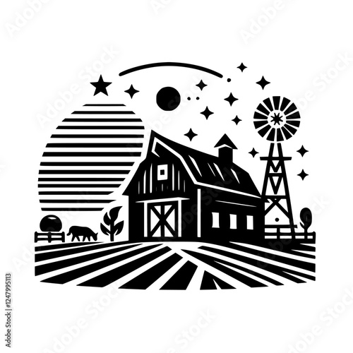 Barnyard Farm Silhouette: Night Sky, featuring a windmill, stars, and a cow.