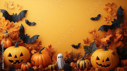 Halloween evening! This high angle shot displaying pumpkins, paper ghosts and bats, and Halloween decorations on a yellow isolated surface is perfect for advertising or text. photo
