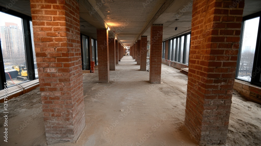 A modern, under-construction corridor featuring exposed brick pillars and large windows, This image can be used for architectural projects, real estate marketing, or construction industry materials, A modern, under-construction corridor featuring exposed brick pillars and large windows, This image can be used for architectural projects, real estate marketing, or construction industry materials,