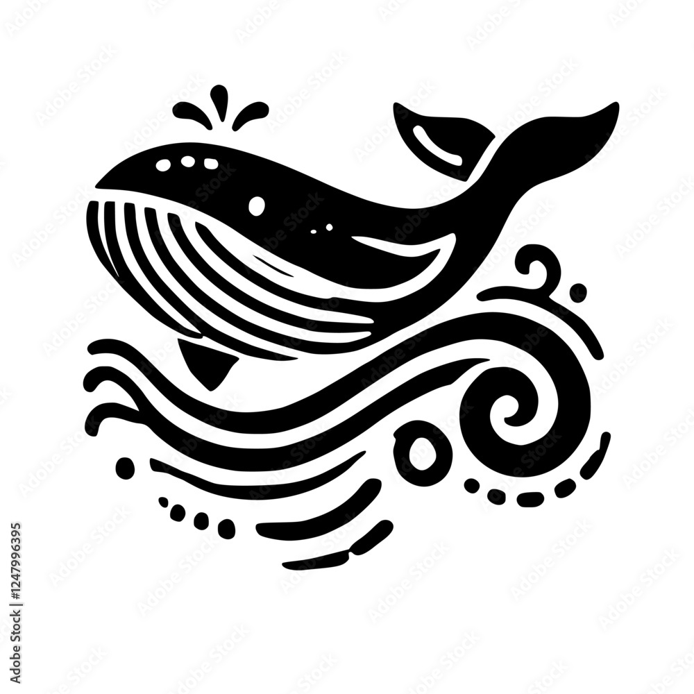 Obraz premium Stylized black and white whale icon on a white background with a splash, in a cartoonish minimalist style.