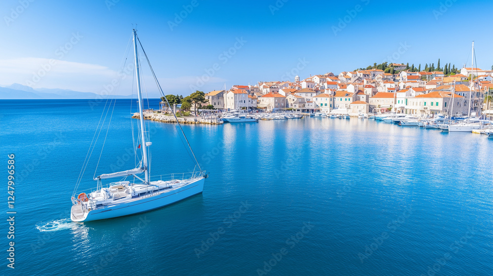 Sailing into a Picturesque Harbor: A sleek sailboat glides across the crystal-clear turquoise waters, approaching a charming coastal town with colorful buildings nestled against a hillside. Sailing into a Picturesque Harbor: A sleek sailboat glides across the crystal-clear turquoise waters, approaching a charming coastal town with colorful buildings nestled against a hillside.