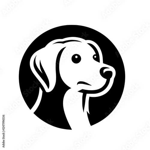 A grayscale minimalist representation of a dog's head within a black circle, showcasing a thoughtful expression.