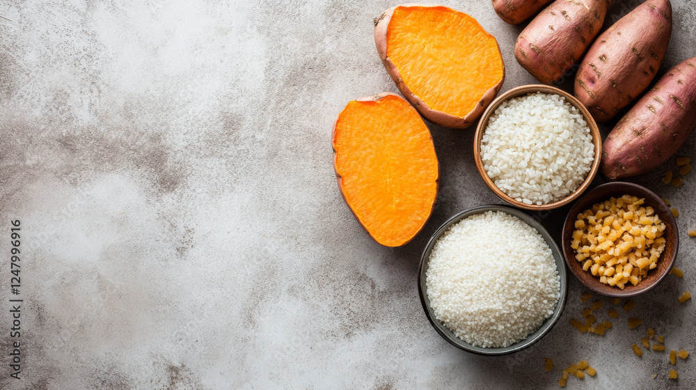 Fresh sweet potatoes, rice, and gluten free carbohydrates arranged on textured surface create vibrant and healthy composition Fresh sweet potatoes, rice, and gluten free carbohydrates arranged on textured surface create vibrant and healthy composition