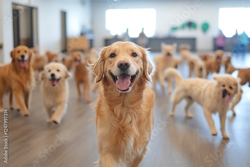 Happy dogs running in a pet daycare