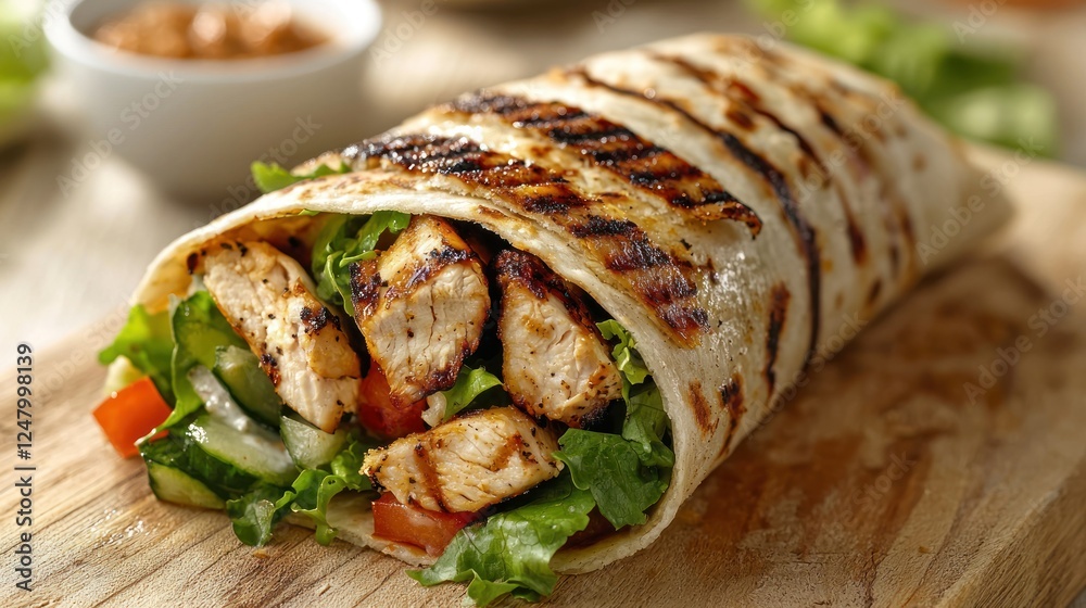 Grilled chicken wrap with salad, wooden board, kitchen Grilled chicken wrap with salad, wooden board, kitchen