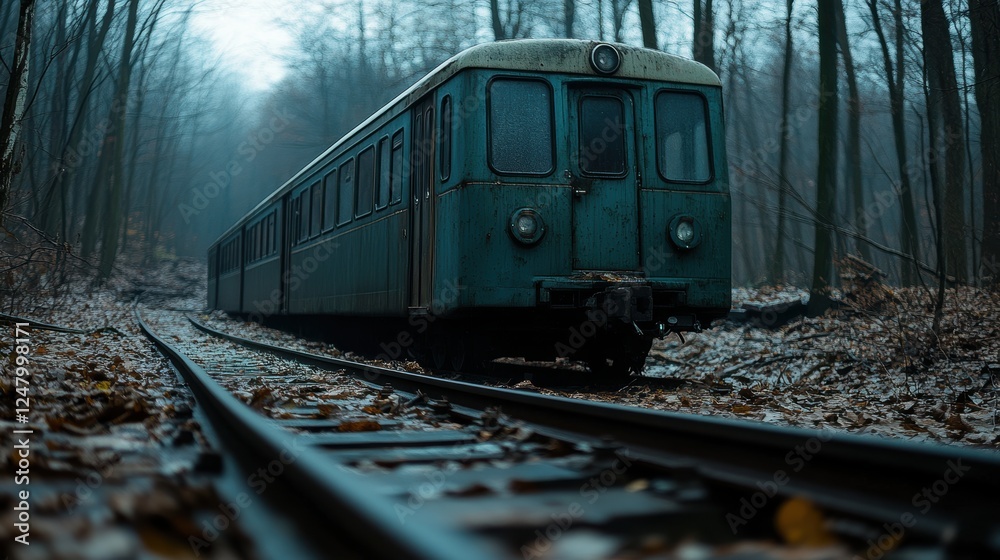 Obraz premium A weathered train car sits abandoned on overgrown tracks in a dense, foggy forest, surrounded by fallen leaves, This image can be used for themes of nostalgia, decay, or isolation in storytelling,