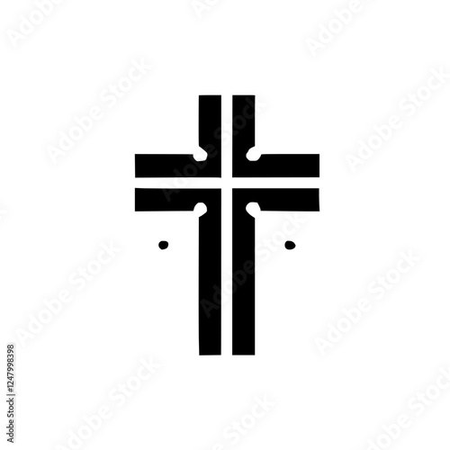 Black, minimalist cross on a white backdrop with a distinctive dot pattern, creating a stark contrast.