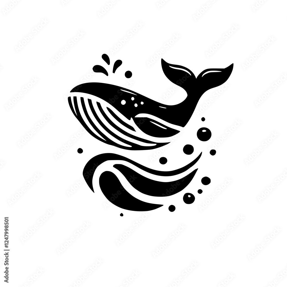Black and White Whale Illustration: Minimalist Whale Silhouette with Bubbles and Waves. Black and White Whale Illustration: Minimalist Whale Silhouette with Bubbles and Waves.
