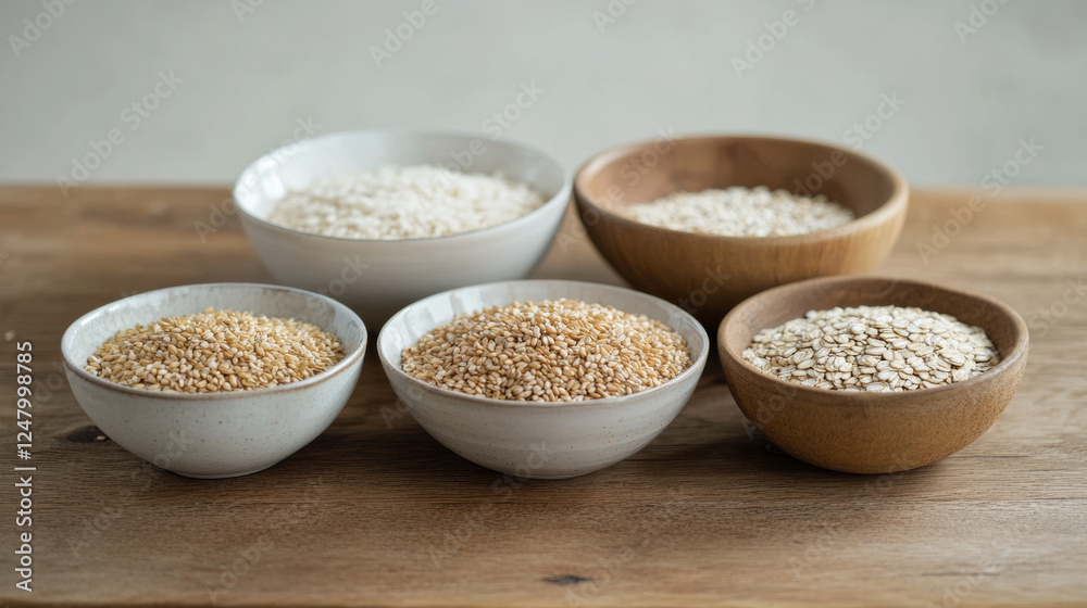 Fresh grains in bowls on wooden table, showcasing barley, oats, and buckwheat. Perfect for healthy cooking and nutrition Fresh grains in bowls on wooden table, showcasing barley, oats, and buckwheat. Perfect for healthy cooking and nutrition