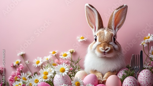 Delightful Easter table arrangement inspiration arabbit ears visible from behind a plate, accompanied by decorated eggs, flatware, and daisies on a light pink canvas with an area for text.
