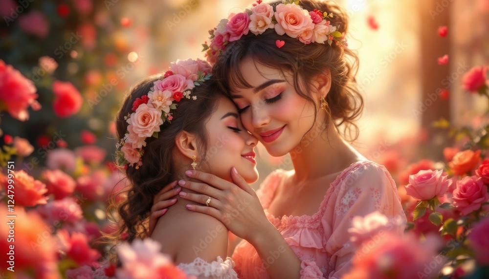 Fototapeta premium Tender Mother Daughter Embrace in Rose Garden
