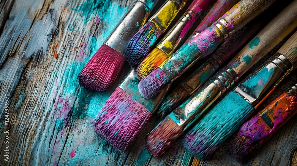 Fototapeta premium Collection of paintbrushes covered in multicolored paint rest on wood