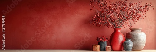 A serene display of decorative vases and branches against a warm red wall, creating a cozy and inviting atmosphere.