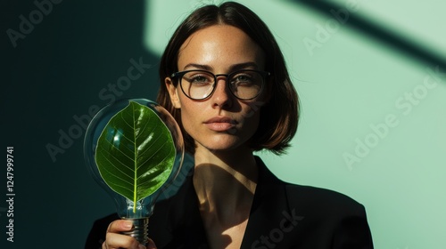 Young woman with glasses holding a light bulb with a green leaf against a minimalist background