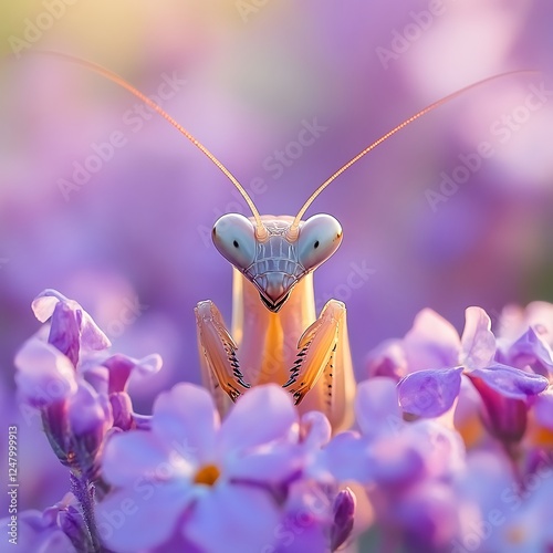Pastel Praying Mantis on Purple Flowers photo