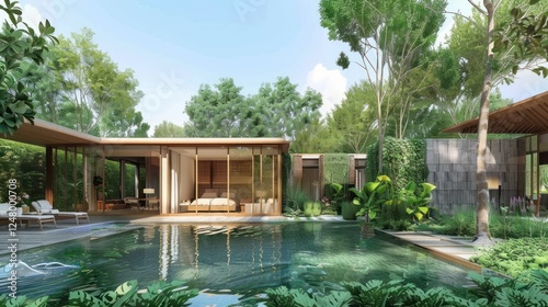 Modern Villa with Swimming Pool and Lush Greenery