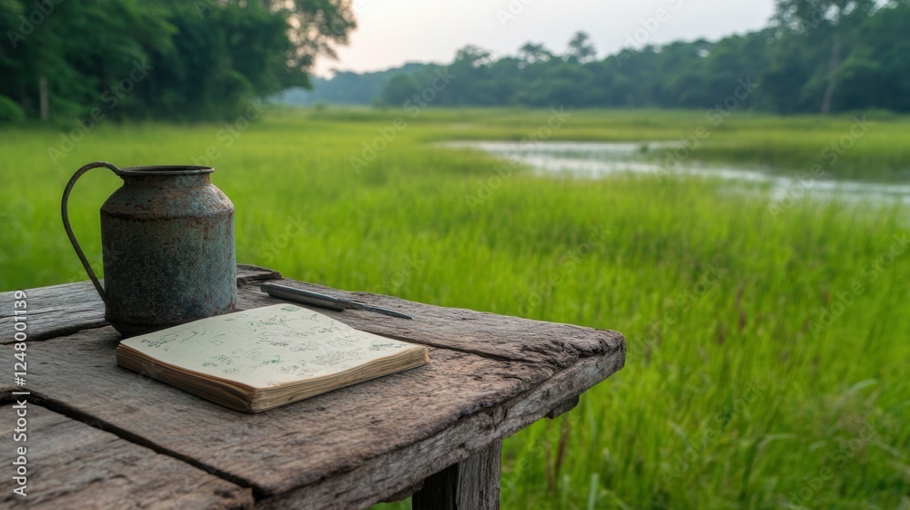 A rustic scene featuring a weathered wooden table with a vintage metal jug and a notebook outdoors, surrounded by lush greenery, This image is ideal for themes of nature, reflection, and creativity, A rustic scene featuring a weathered wooden table with a vintage metal jug and a notebook outdoors, surrounded by lush greenery, This image is ideal for themes of nature, reflection, and creativity,