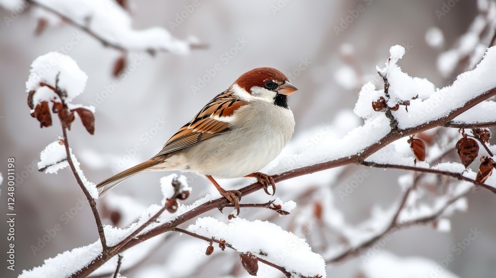 Captivating view of a sparrow surrounded by winter's embrace.