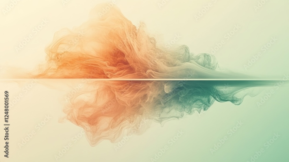 Fototapeta premium Abstract ethereal image of orange and teal wisps reflected below a central dividing line against a light backdrop Dreamy surreal art