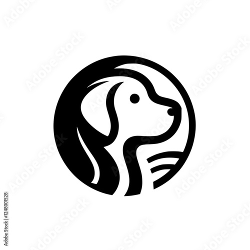 Stylized dog head logo in a circle, black and white, with a leaf and plant.