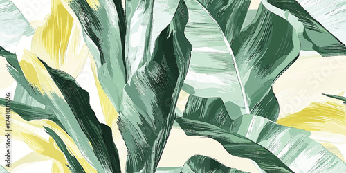 Botanical green banana leaf wallpaper background vector. Luxury natural hand drawn foliage pattern design in minimalist linear contour simple style. Design fabric, cover, banner, invitation