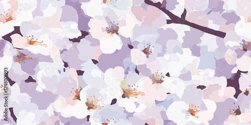 Seamless vector repeating pattern of sakura flowers in pastel soft pink, lavender, and white colors, gouache painting, brush strokes, Design fabric, cover, banner, invitation