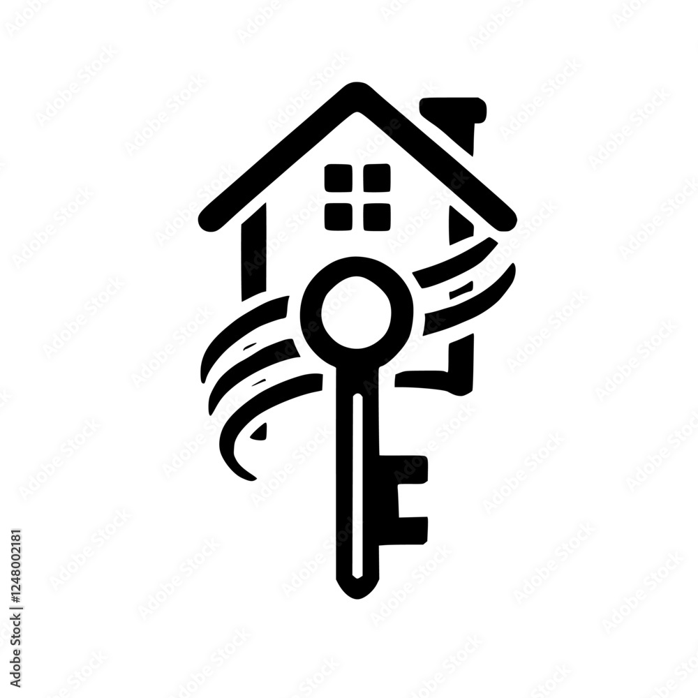 House Key Symbol on White Background, Monochromatic Logo Emphasizing Homeownership and Real Estate. House Key Symbol on White Background, Monochromatic Logo Emphasizing Homeownership and Real Estate.