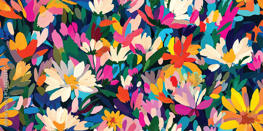 Floral abstract seamless vector pattern, spring garden, blooming meadow, bright colorful flowers, gouache painting, brush strokes vector seamless pattern, Design fabric, cover, banner, invitation