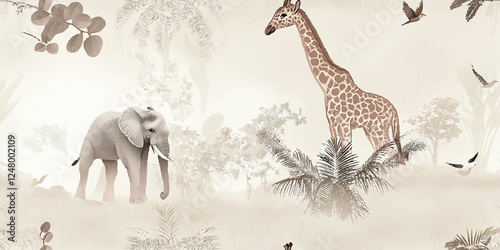 Seamless vector repeating pattern African animals in the habitat seamless pattern. Earthy color palette illustration. Exotic nature wallpaper for home decoration, fabric, postcard