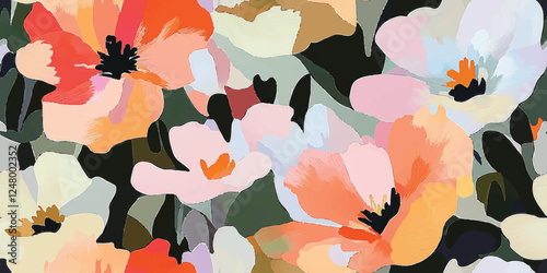 Floral abstract seamless vector pattern, spring garden, featuring blooming flowers, gouache painting, brush strokes vector seamless pattern, Design fabric, cover, banner, invitation