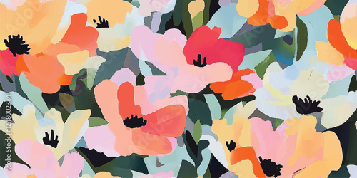 Floral abstract seamless vector pattern, spring garden, featuring blooming flowers, gouache painting, brush strokes vector seamless pattern, Design fabric, cover, banner, invitation
