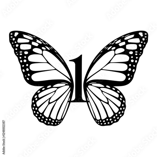 Butterfly with Number 1 Monogram Logo, Black and white butterfly illustration featuring an elegant number 1 monogram, creating a stylish and artistic logo design on a white background.  
  
