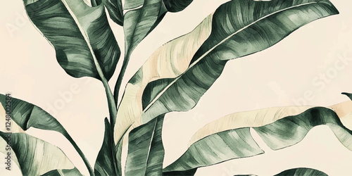 Botanical green banana leaf wallpaper background vector. Luxury natural hand drawn foliage pattern design in minimalist linear contour simple style. Design fabric, cover, banner, invitation