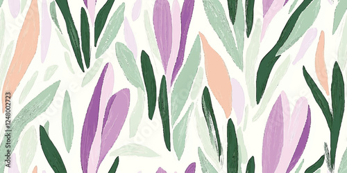 Floral seamless pattern featuring abstract tiny crocuses with delicate branches, gouache painting, brush strokes, perfect for fabric and wallpaper design