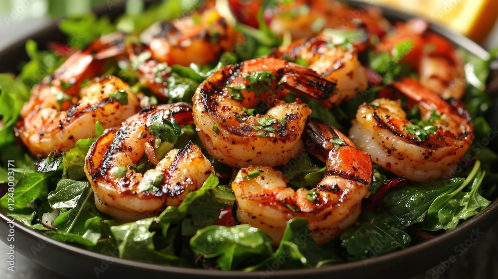Grilled shrimp salad, healthy lunch, close-up shot Grilled shrimp salad, healthy lunch, close-up shot