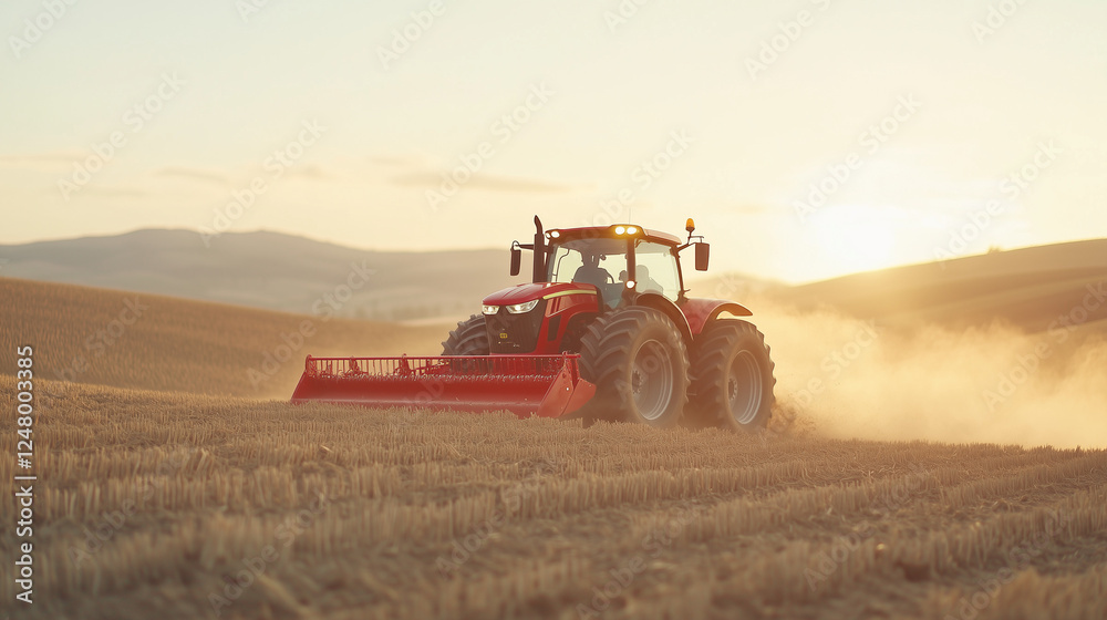 Obraz premium Tractor at Sunset Harvest: A powerful red tractor cultivates a vast golden field at sunset, dust swirling behind it, a scene of agricultural industry and the beauty of rural life. 