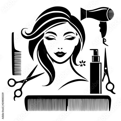 Elegant black and white salon illustration, featuring a woman with tools of the trade. photo