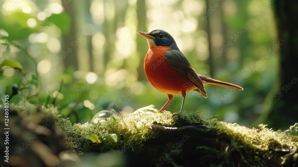 Vibrant red and blue bird perched on mossy log in lush green forest, sunlight filtering through leaves. Vibrant red and blue bird perched on mossy log in lush green forest, sunlight filtering through leaves.
