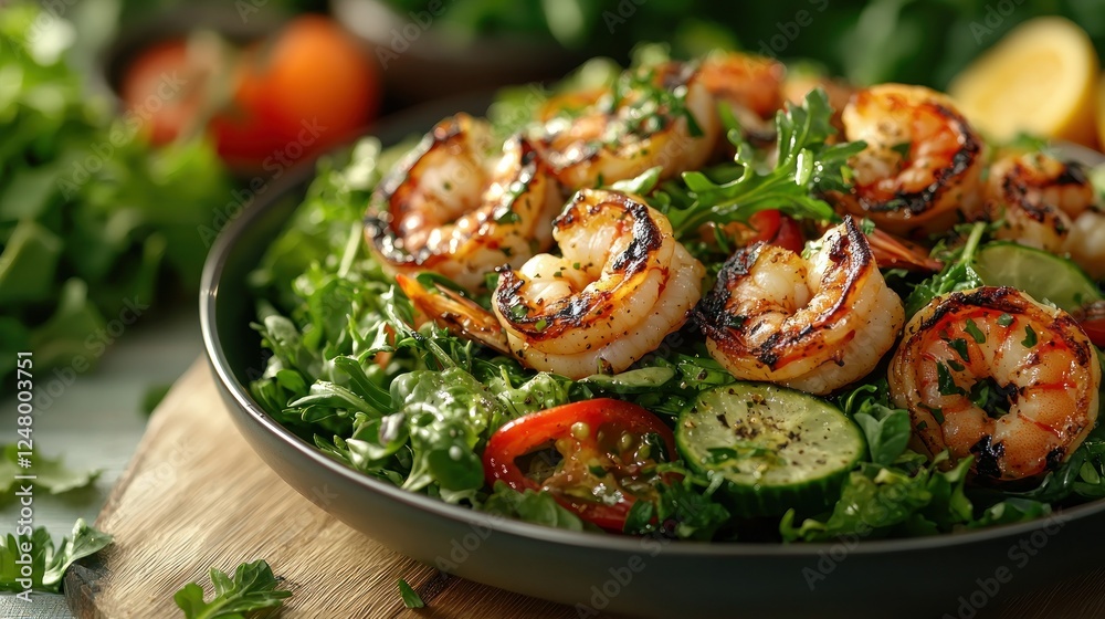 Grilled shrimp salad with greens, cucumber, and tomato. Food photography for recipe blogs Grilled shrimp salad with greens, cucumber, and tomato. Food photography for recipe blogs
