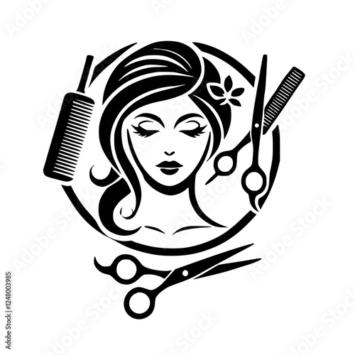 Hair Salon Icon: Stylized portrait of a woman, surrounded by comb and scissors, and circle framing, elegant in black.