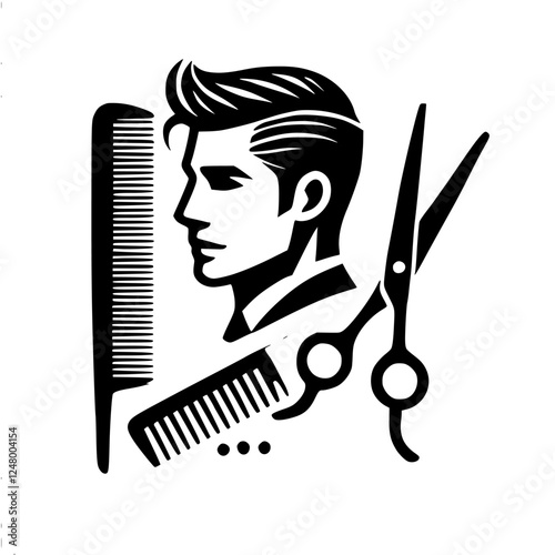 Black and white vector illustration of a man's head with tools for hairstyling.