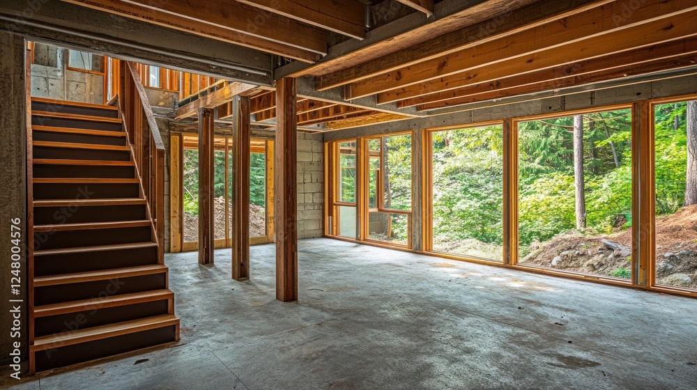Modern unfinished basement with large windows, wooden beams, and concrete floor. Modern unfinished basement with large windows, wooden beams, and concrete floor.